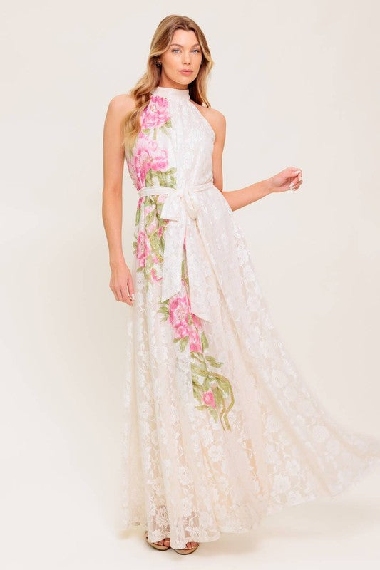 FLORAL WHITE  HALTER LACE DRESS