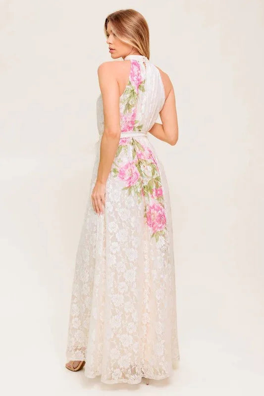 FLORAL WHITE  HALTER LACE DRESS PRIVILEGE