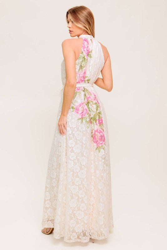 FLORAL WHITE  HALTER LACE DRESS