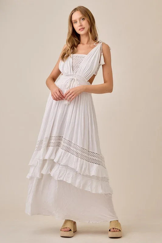 Tassel Drawstring Tiered Lace Maxi Dress - Flowy & Romantic