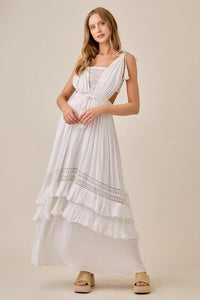Tassel Drawstring Tiered Lace Flowy Maxi Dress