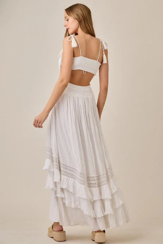 Tassel Drawstring Tiered Lace Flowy Maxi Dress