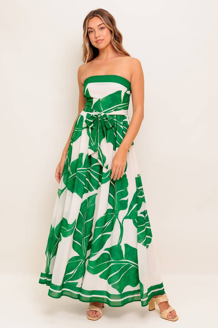 PALM LEAF TUBE MAXI DRESS