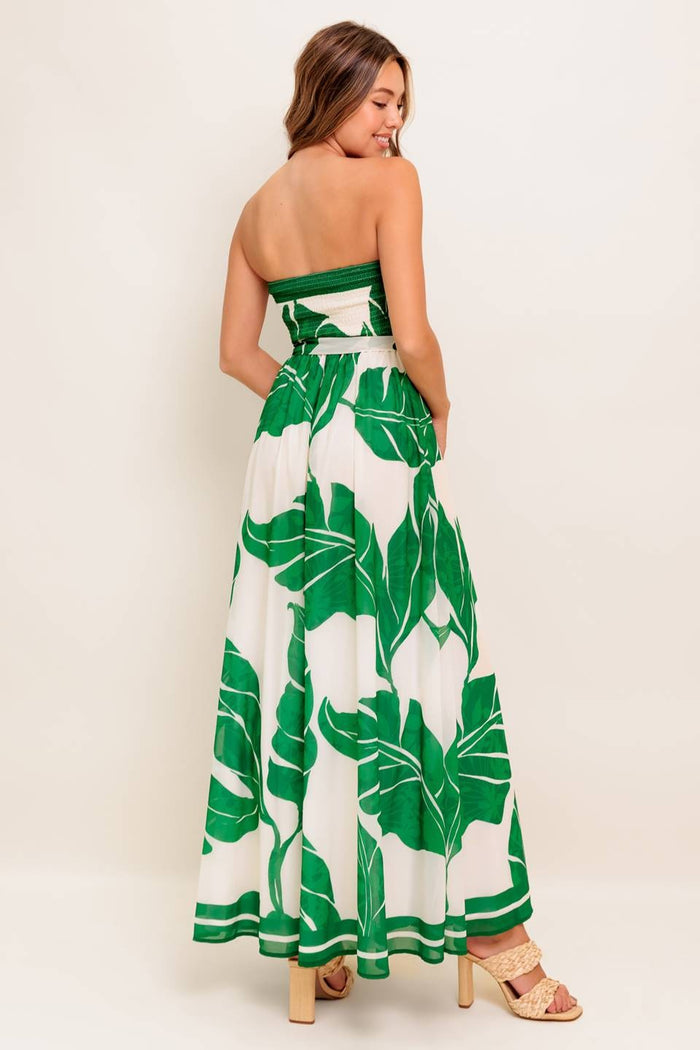 PALM LEAF TUBE MAXI DRESS