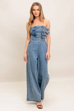 Buckles denim flare leg jumpsuit