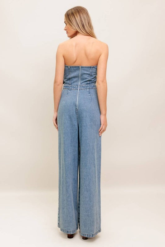 Buckles denim flare leg jumpsuit