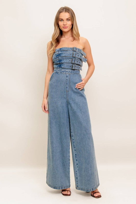 Buckles denim flare leg jumpsuit