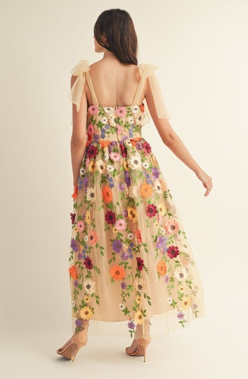 3d Floral All Over Shoulder Tie Midi Dress