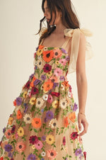 3d Floral All Over Shoulder Tie Midi Dress