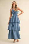 Ditsy Floral Embroidered Tiered Denim Maxi Dress