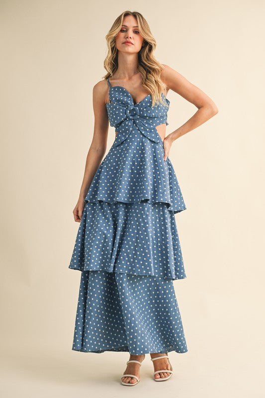 Ditsy Floral Embroidered Tiered Denim Maxi Dress
