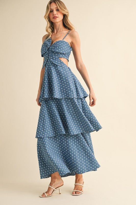 Ditsy Floral Embroidered Tiered Denim Maxi Dress