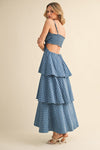 Ditsy Floral Embroidered Tiered Denim Maxi Dress