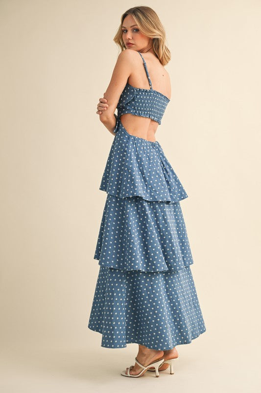 Ditsy Floral Embroidered Tiered Denim Maxi Dress