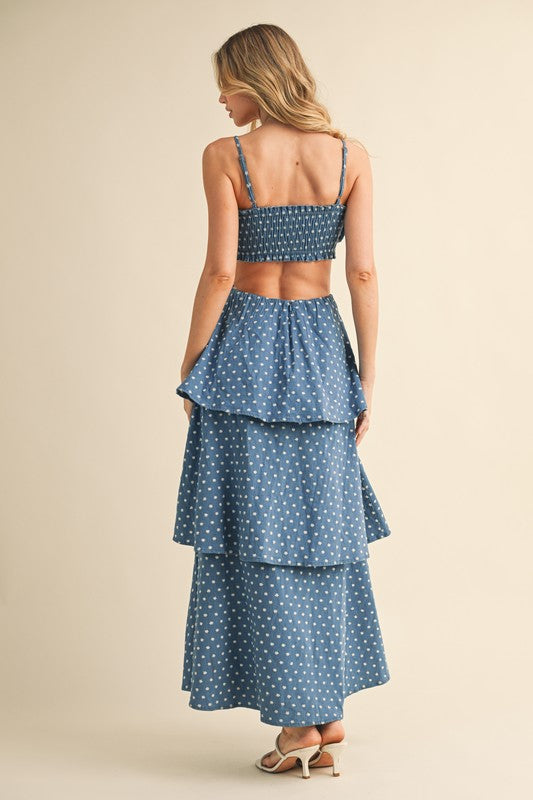 Ditsy Floral Embroidered Tiered Denim Maxi Dress