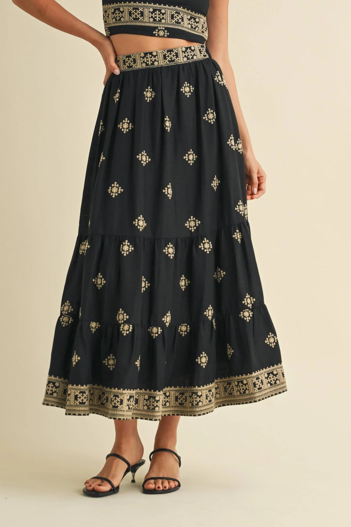 Boho Embroidered Crop Top & Tiered Midi Skirt Set