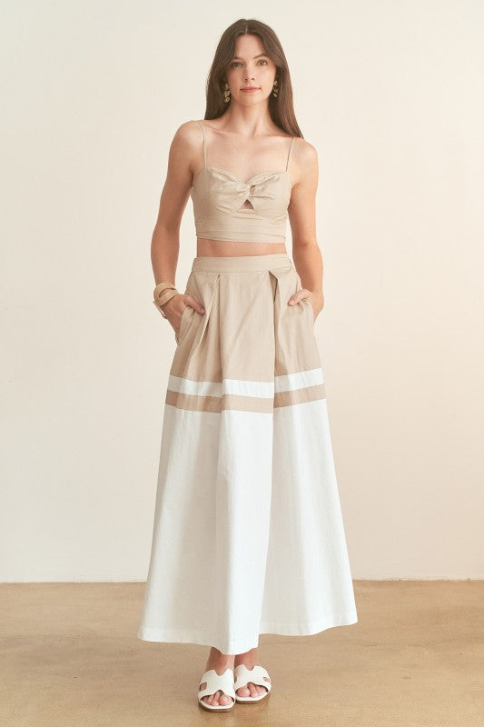 Twist-front Crop Top & Color Block Maxi Skirt