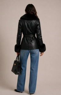 Velour Luxe Black Belted Leather-Look Jacket with Plush Trim