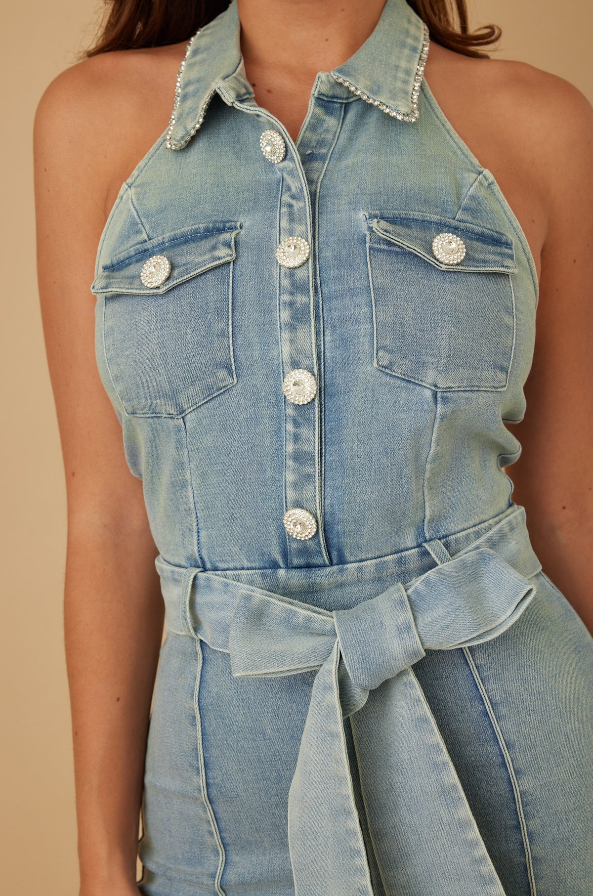 Diamond Rhinestone Collar Halter Denim Jumpsuit — Light Wash