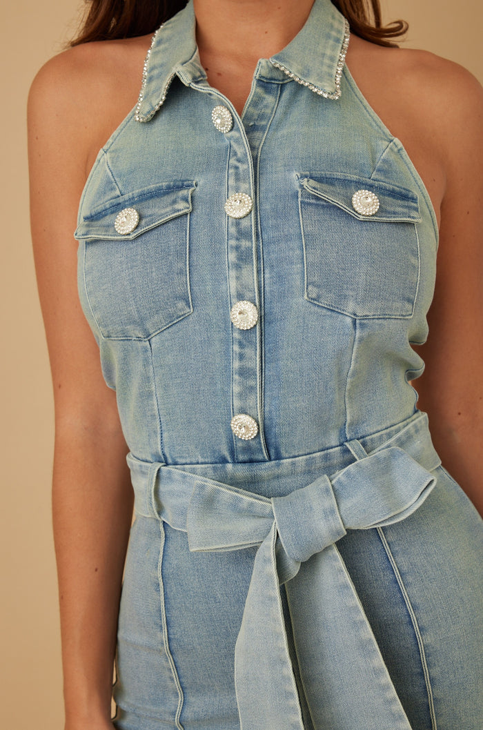 Diamond Rhinestone Collar Halter Denim Jumpsuit — Light Wash
