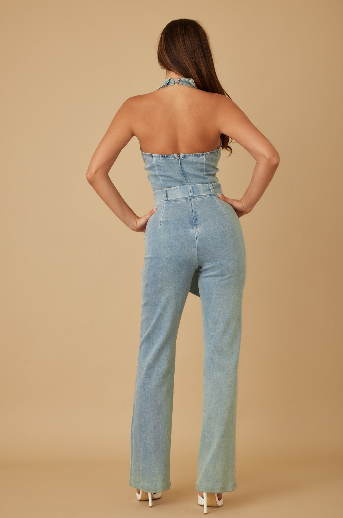Diamond Rhinestone Collar Halter Denim Jumpsuit — Light Wash