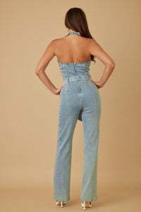 Diamond Rhinestone Collar Halter Denim Jumpsuit — Light Wash