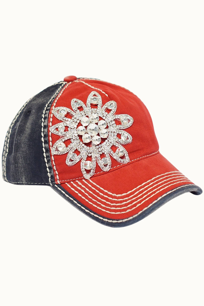 Sunflower Bejeweled Glitz USA Cap – Red White Blue Adjustable