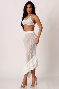 Crochet Top And Ruffle Mini Skirt Cover Up Set