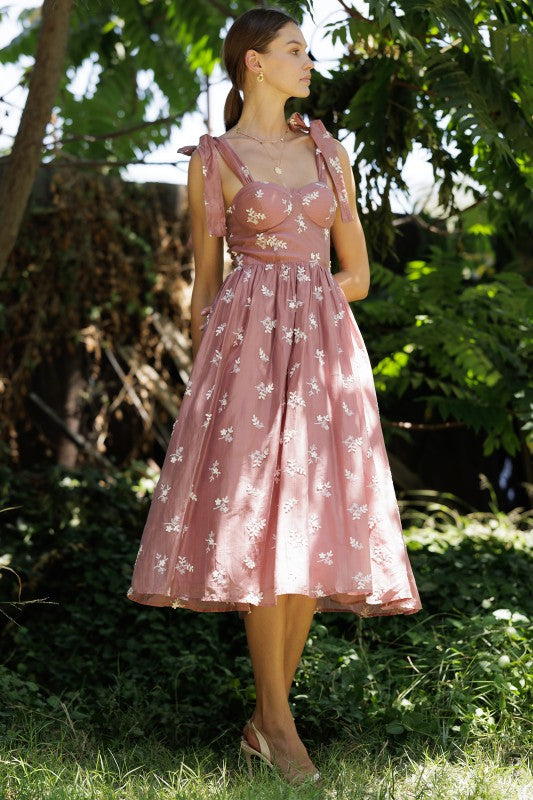 Embroidered Tie-shoulder Midi Dress