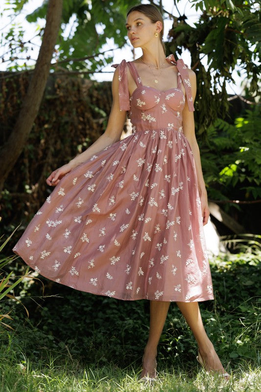 Embroidered Tie-shoulder Midi Dress