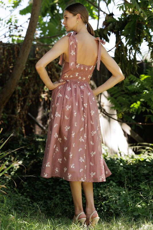 Embroidered Tie-shoulder Midi Dress