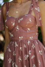 Embroidered Tie-shoulder Midi Dress