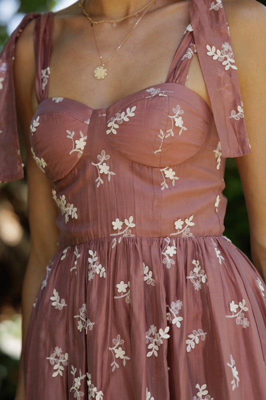 Embroidered Tie-shoulder Midi Dress