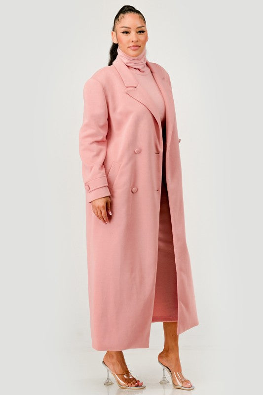 Pink Maxi Coat & Sleeveless Turtleneck Dress Set