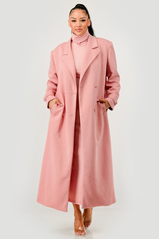 Pink Maxi Coat & Sleeveless Turtleneck Dress Set