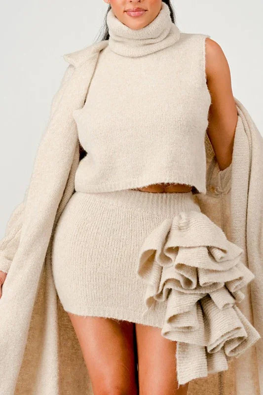RUFFLE MINI SKIRT WITH LONG DUSTER 3 PC KNIT SET