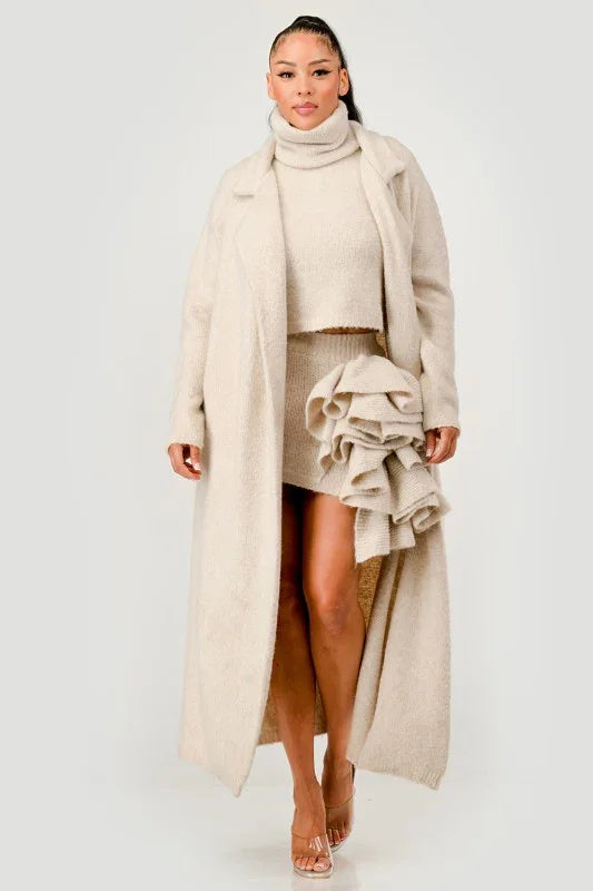 RUFFLE MINI SKIRT WITH LONG DUSTER 3 PC KNIT SET