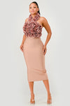 Rose Applique Halter Midi bandage dress