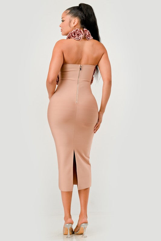 Rose Applique Halter Midi bandage dress