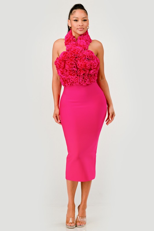 Rose Applique Halter Midi bandage dress