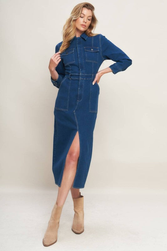 MIDI DENIM SLIT DRESS