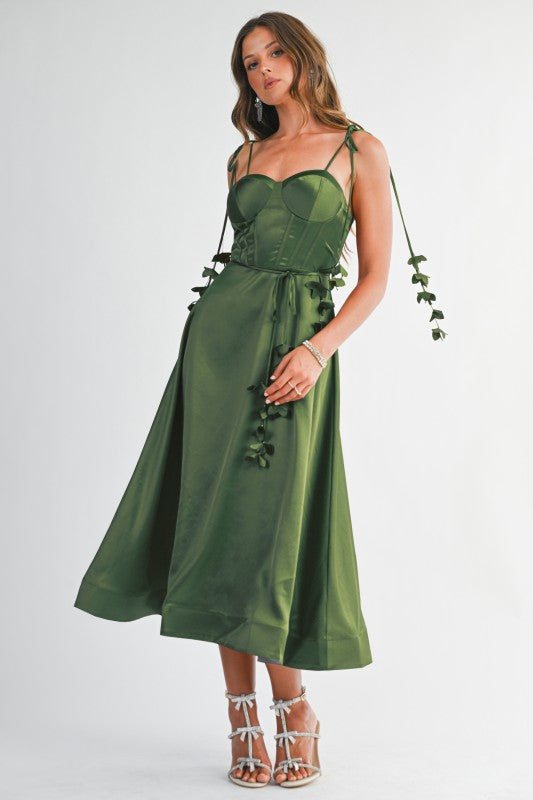 ROSE PEDAL SATIN MIDI DRESS CORSET