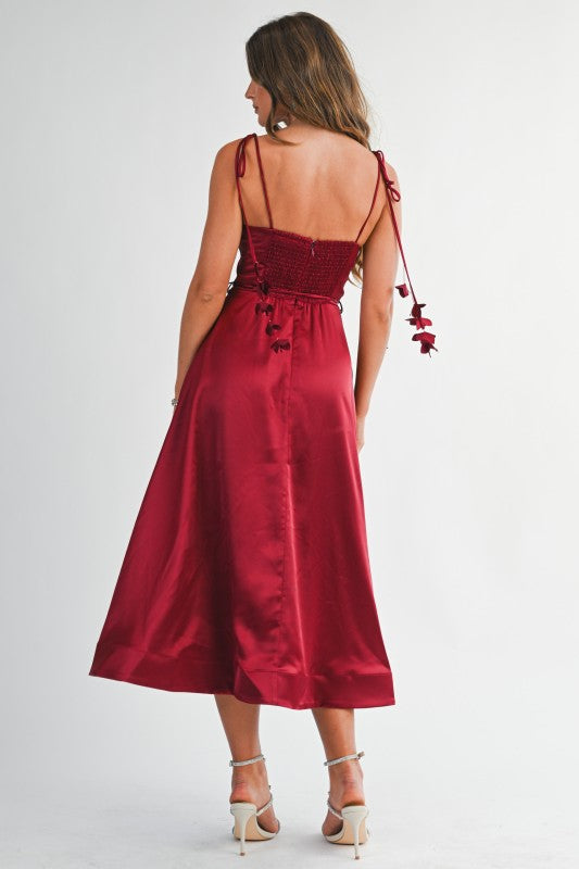 ROSE PEDAL SATIN MIDI DRESS CORSET