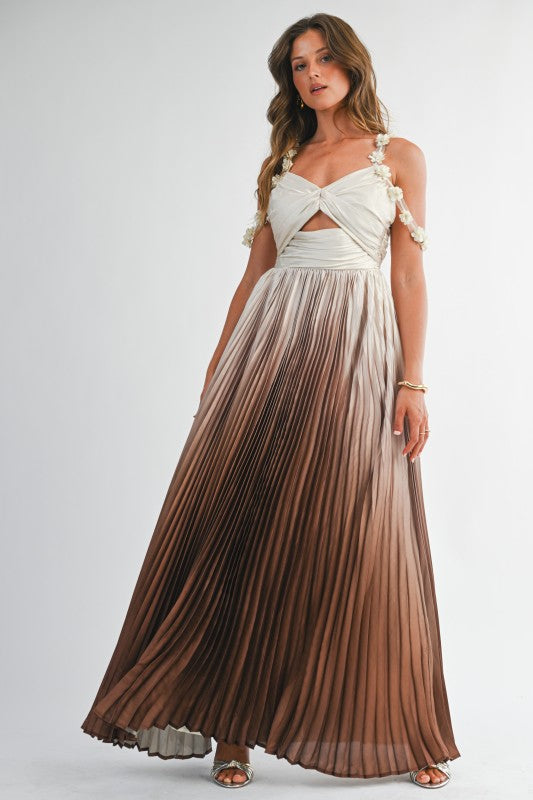 Ombre Pleated Maxi Dress With Floral Strap Detail