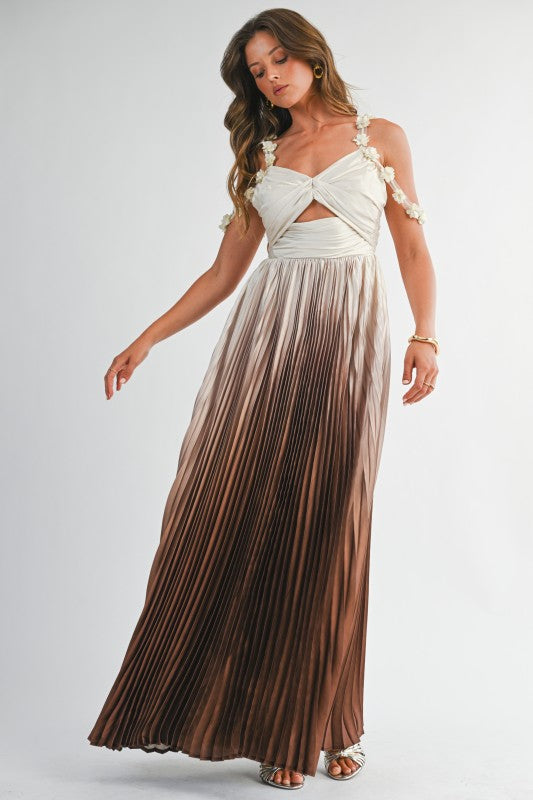 Ombre Pleated Maxi Dress With Floral Strap Detail