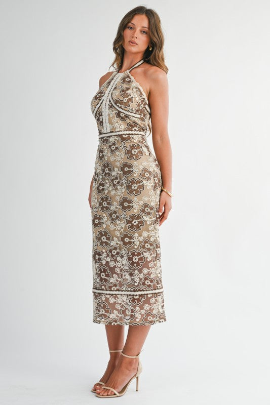 Embroidered Halter Neck Midi Dress PRIVILEGE