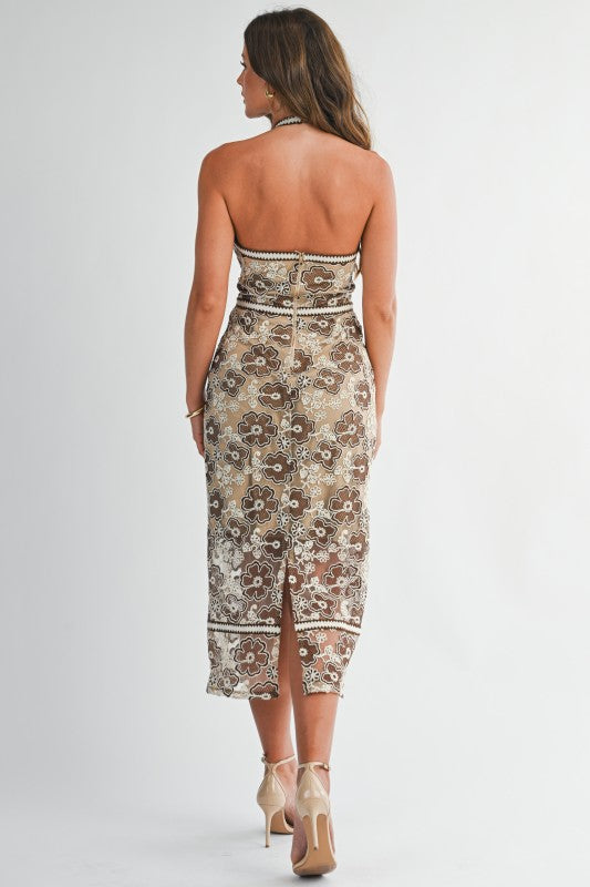 Embroidered Halter Neck Midi Dress PRIVILEGE