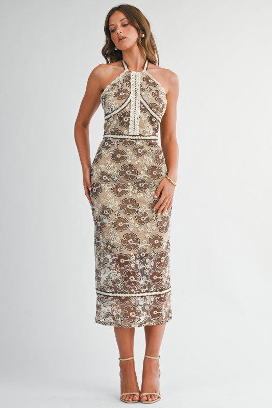 Embroidered Halter Neck Midi Dress PRIVILEGE