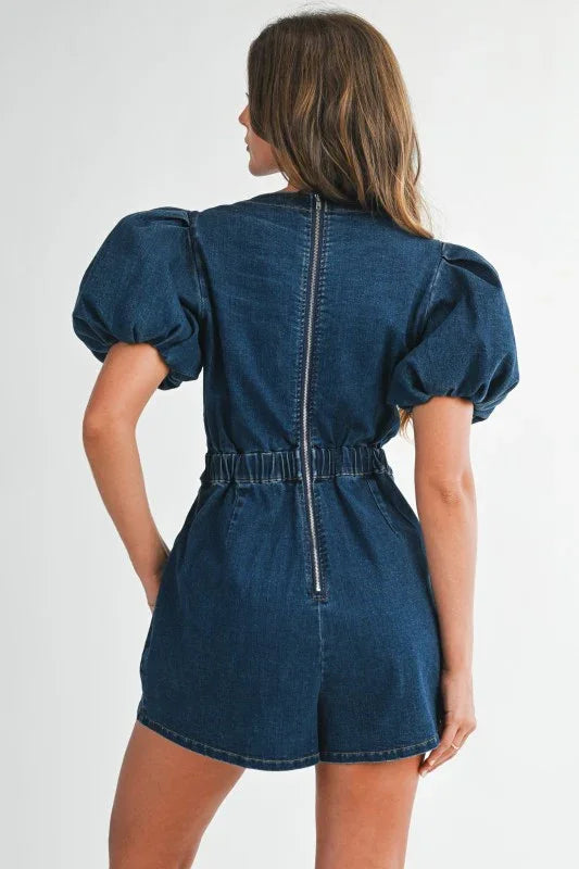 Rhinestone Bow Puff Sleeve Denim Romper