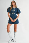 Rhinestone Bow Puff Sleeve Denim Romper
